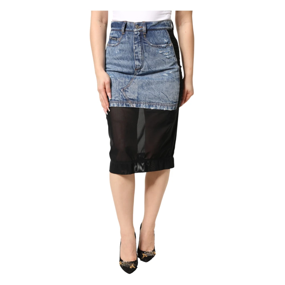 Dolce & Gabbana Women's Blue Cotton Denim Sheer Midi Skirt