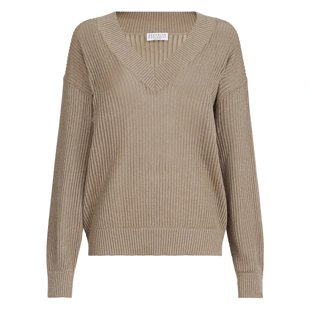Brunello Cucinelli Brown Ribbed V-Neck Jumper - Female - V-Neck Knitwear - S - Knitwear