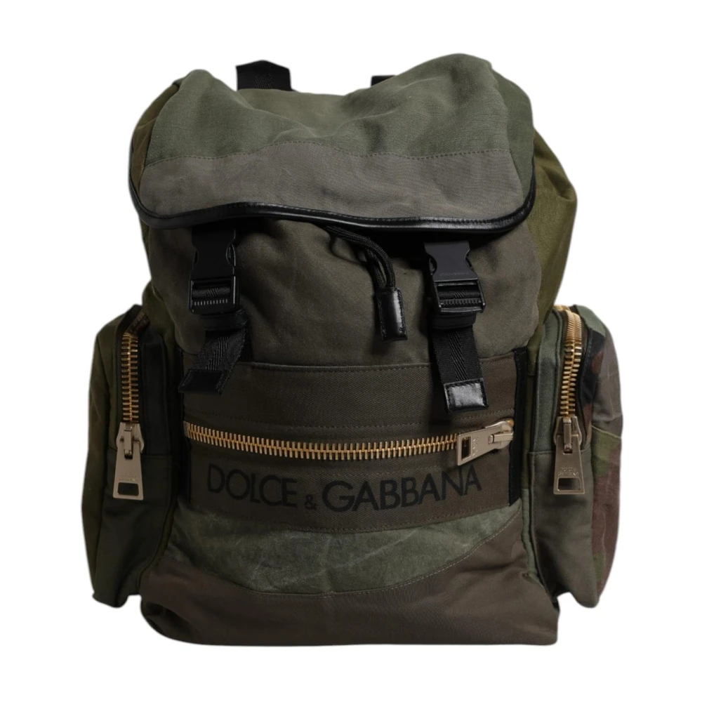 Dolce & Gabbana Men's Green Logo Detail Canvas Backpack Camouflage Style