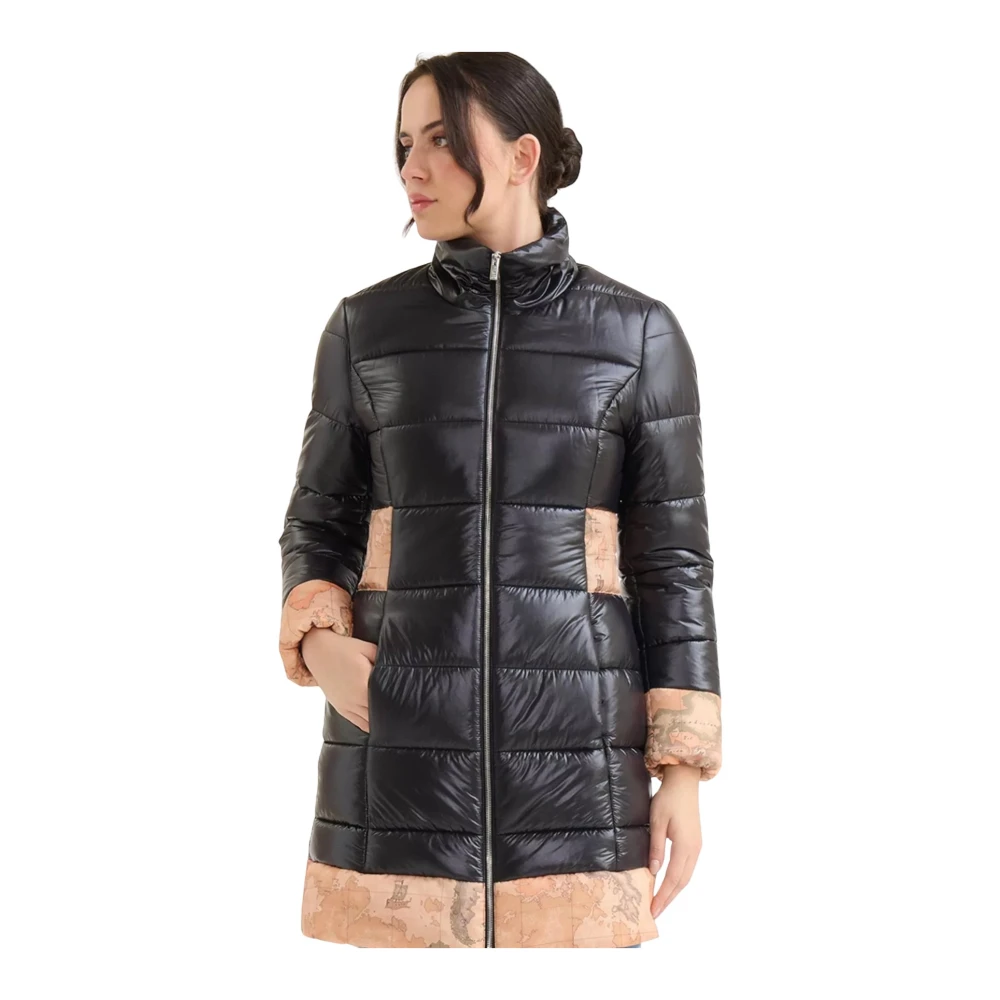 Alviero Martini 1a Classe Elegante Zwarte Overjas met Geo Classic Details Black Dames