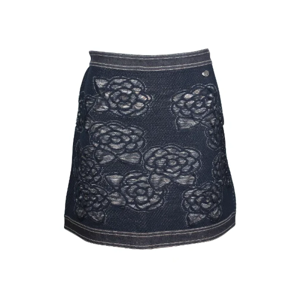 Chanel Vintage Förägda Bomull Shorts-Kjolar, Chanel Floral Motif Denim Mini Kjol Blue, Dam
