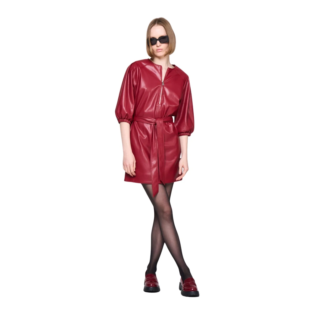 Silvian Heach Nep Leren Jurk Ronde Hals Korte Mouw Red Dames