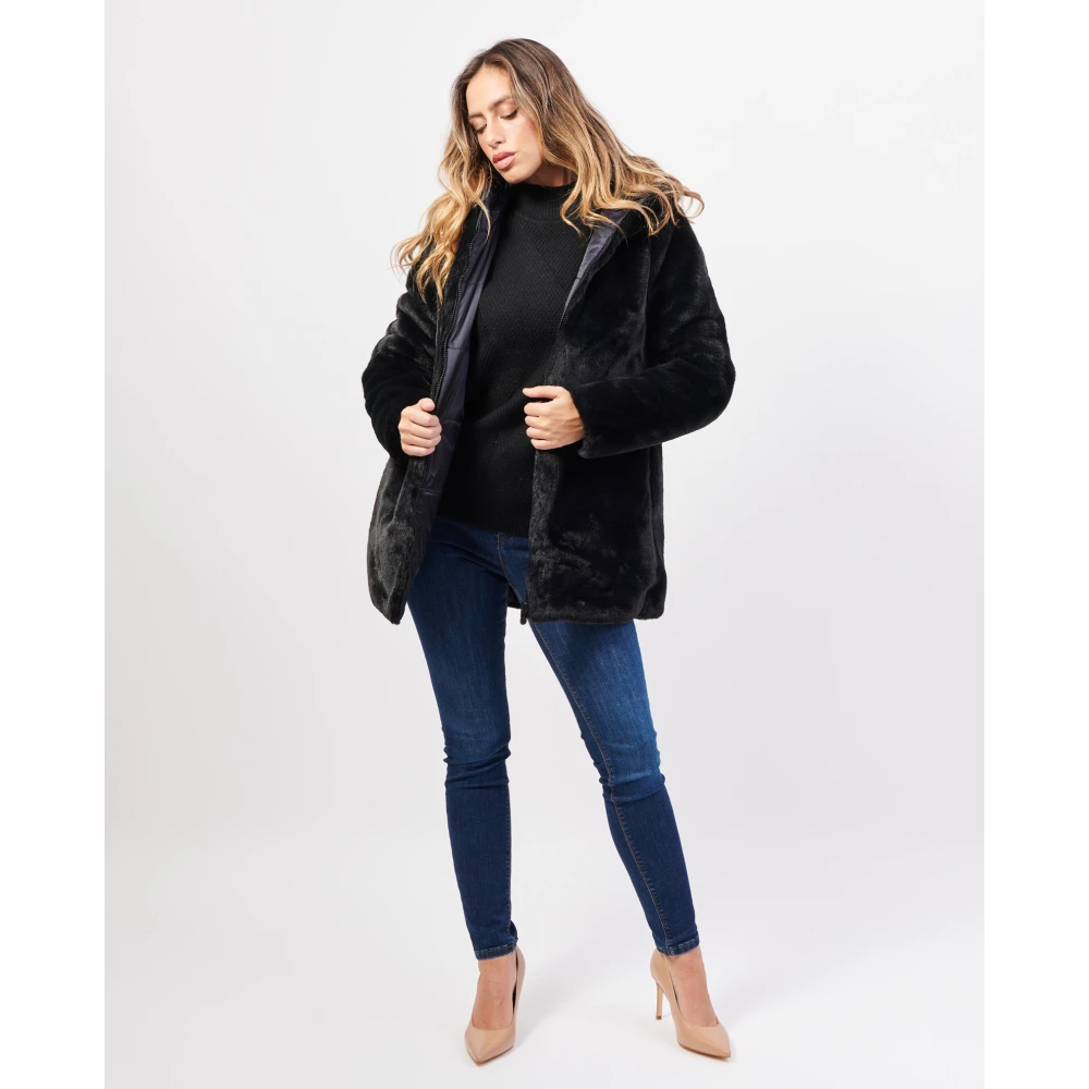 Save The Duck Omkeerbare Lange Jas met Nepbont Black Dames