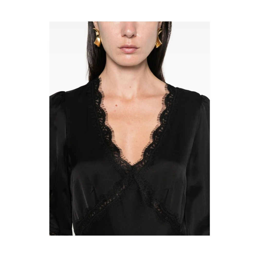 Rixo Zwarte Satijnen V-Hals Kant Jurk Black Dames