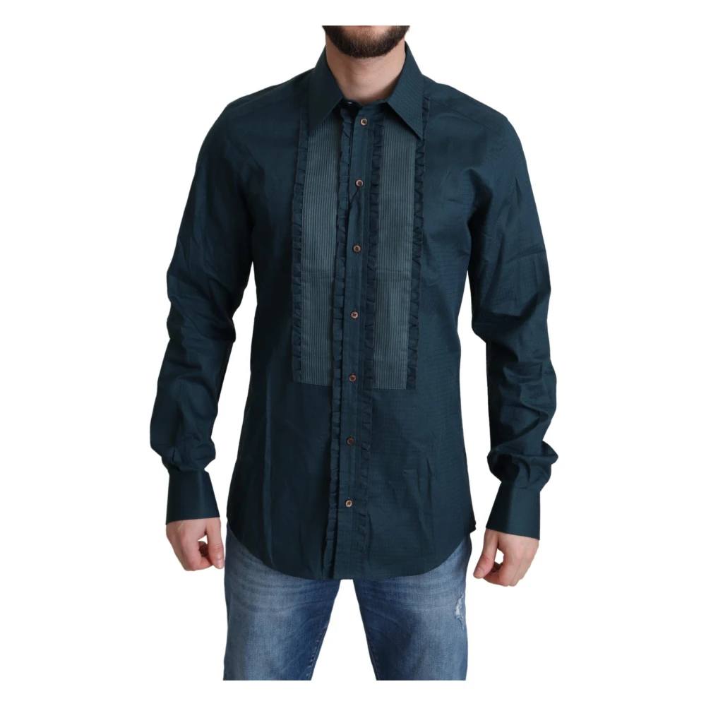 Dolce & Gabbana Blauw Ruches Smoking Shirt Gold Model Blue Heren