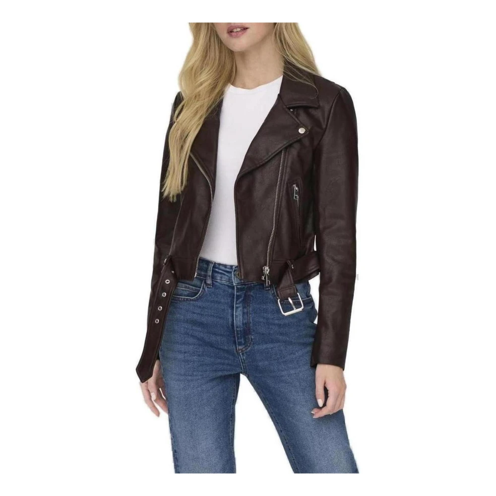Only Bruine Faux Leren Bikerjas Brown Dames