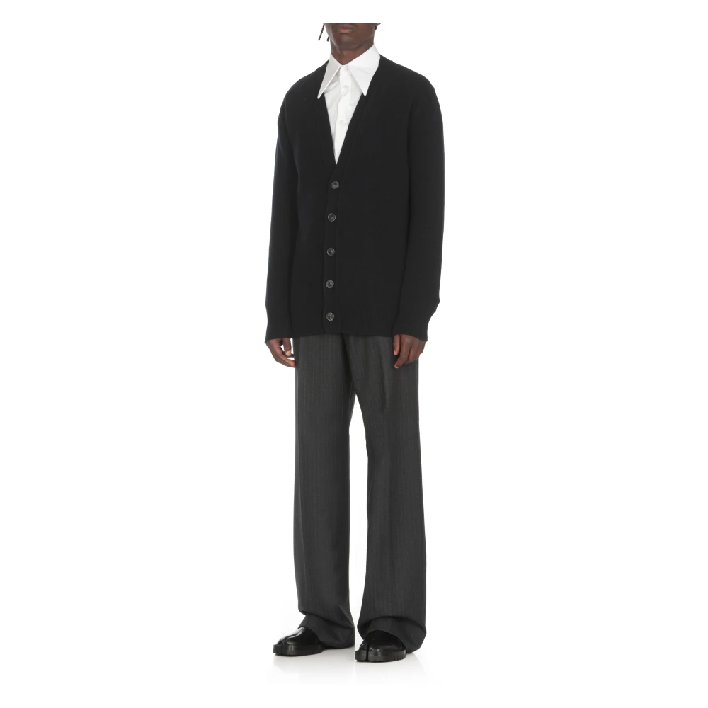 Maison Margiela Blauwe Wol V-Hals Cardigan Sweater Blue Heren