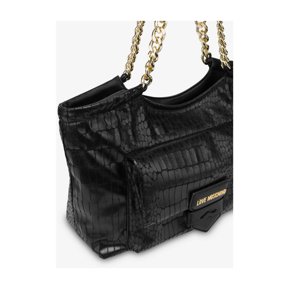 Love Moschino Zwarte Croco Shopper Tas met Gouden Logo Black Dames