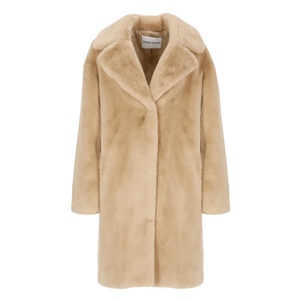 Faux Fur Beige Frakke Peak Revers