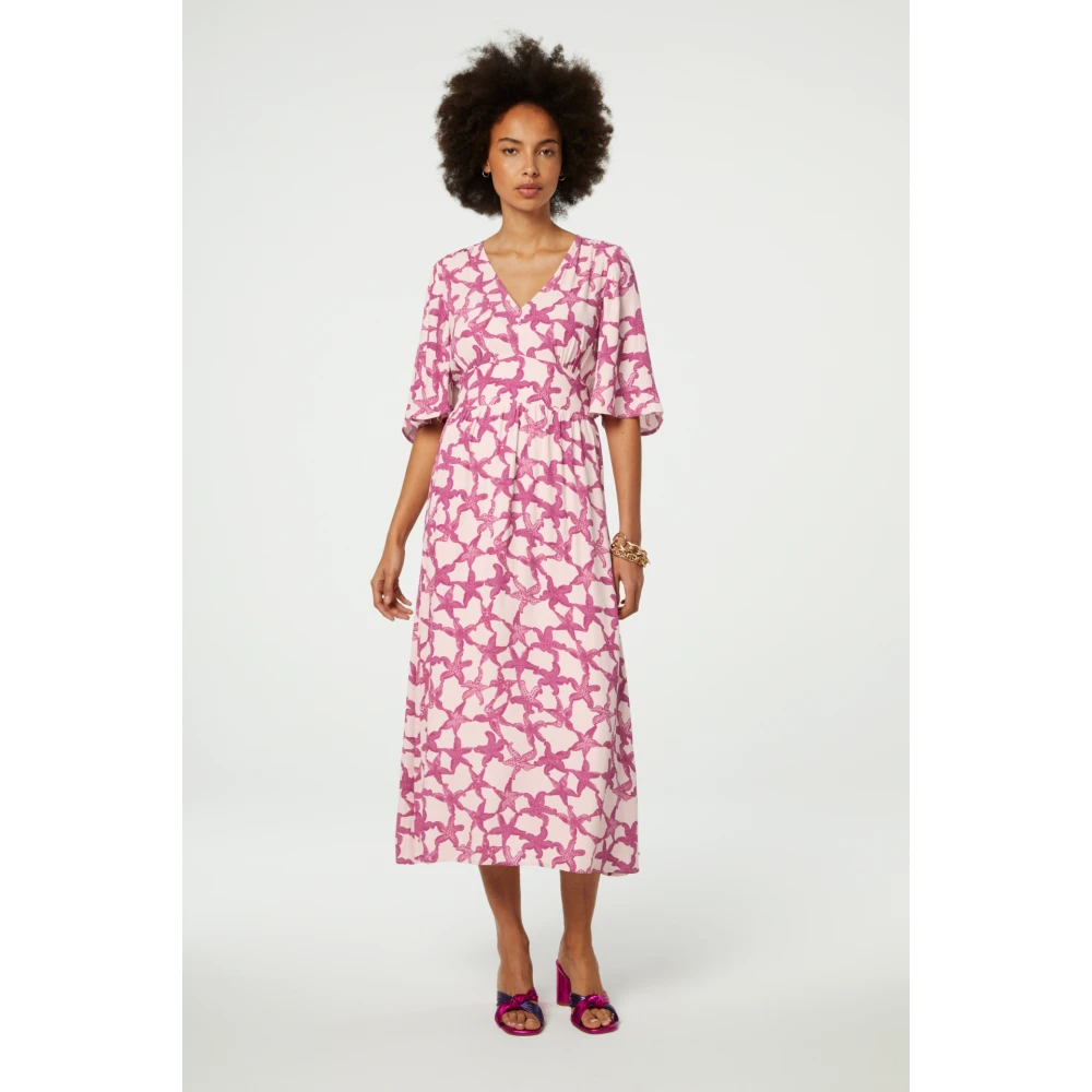 Fabienne Chapot Elegante Wit Roze Print Midi Jurk Pink Dames