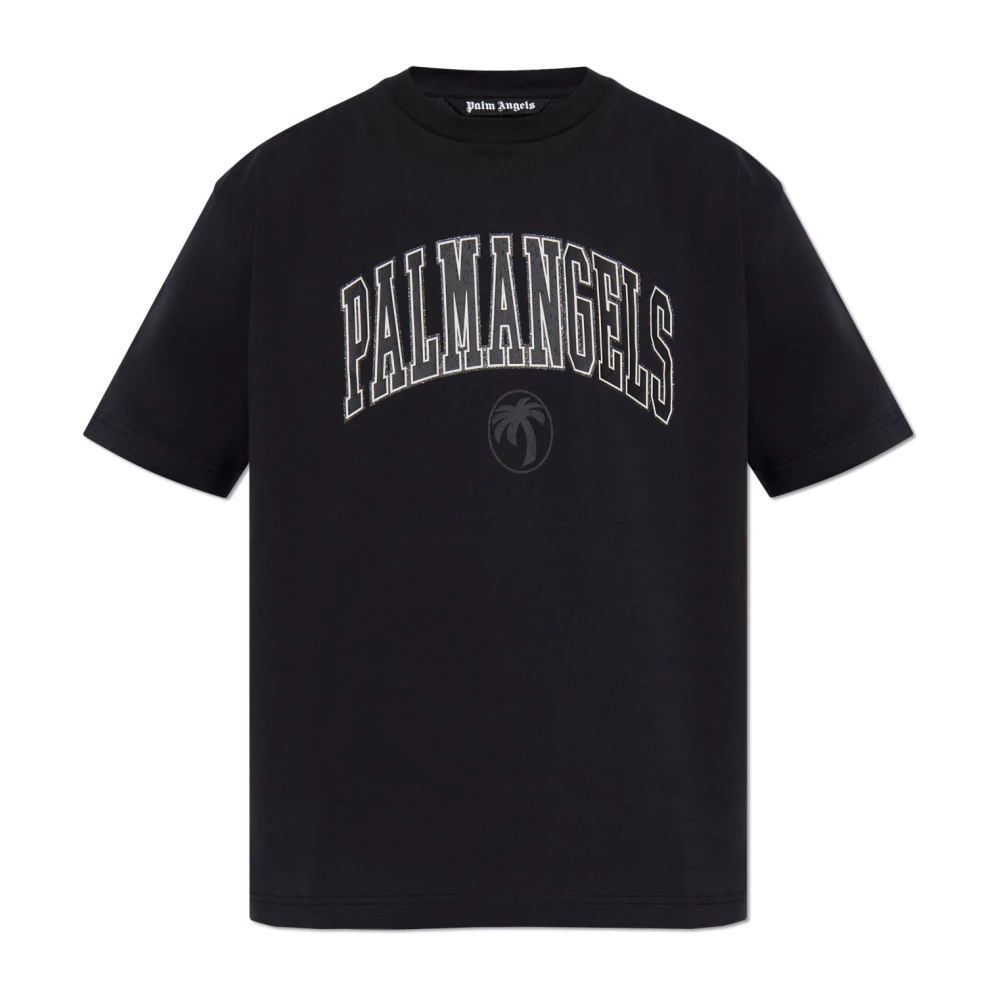 Palm Angels Glitter Logo Zwarte Katoenen T-shirt Black Heren