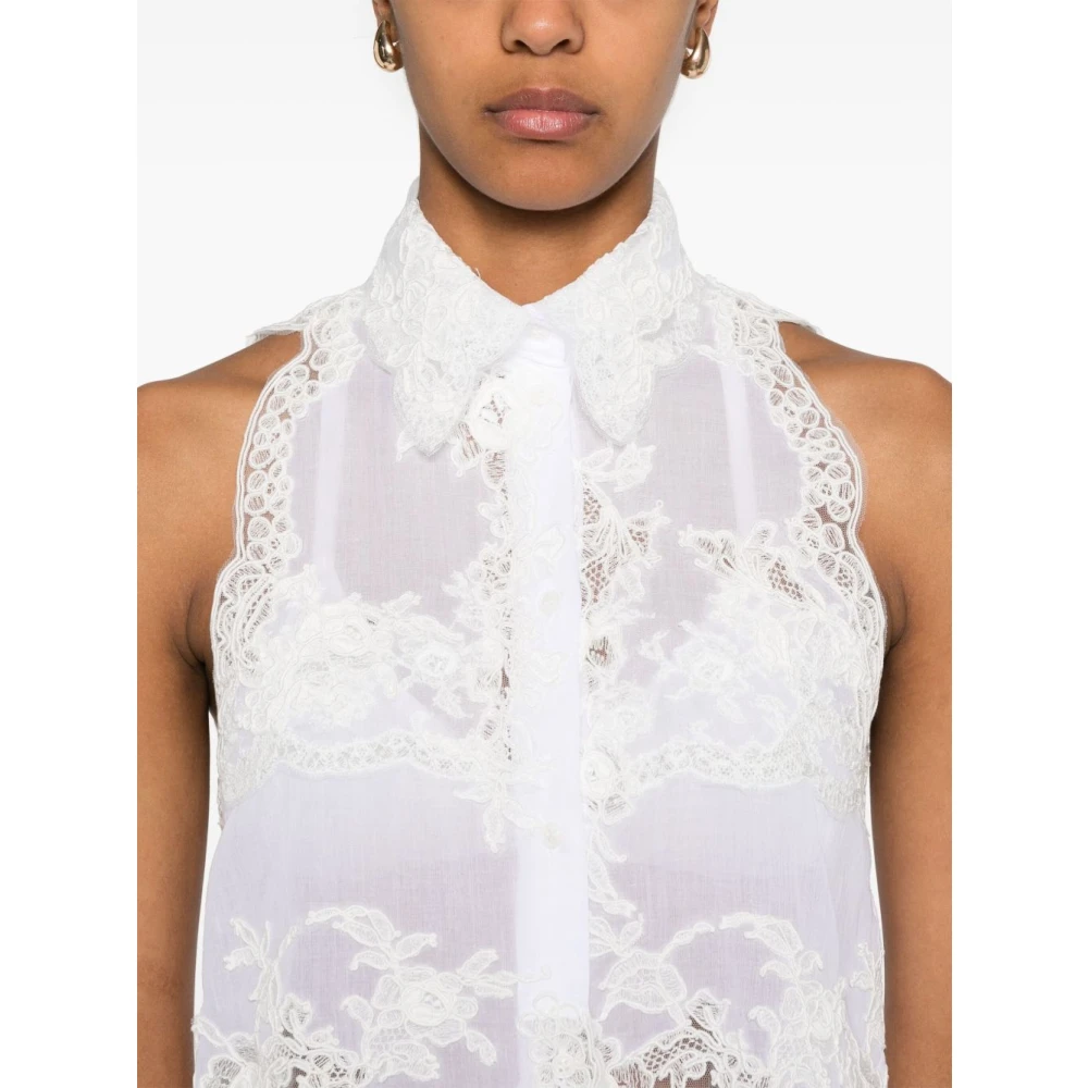 Ermanno Scervino Witte Mouwloze Katoenen Overhemd met Kantdetails White Dames