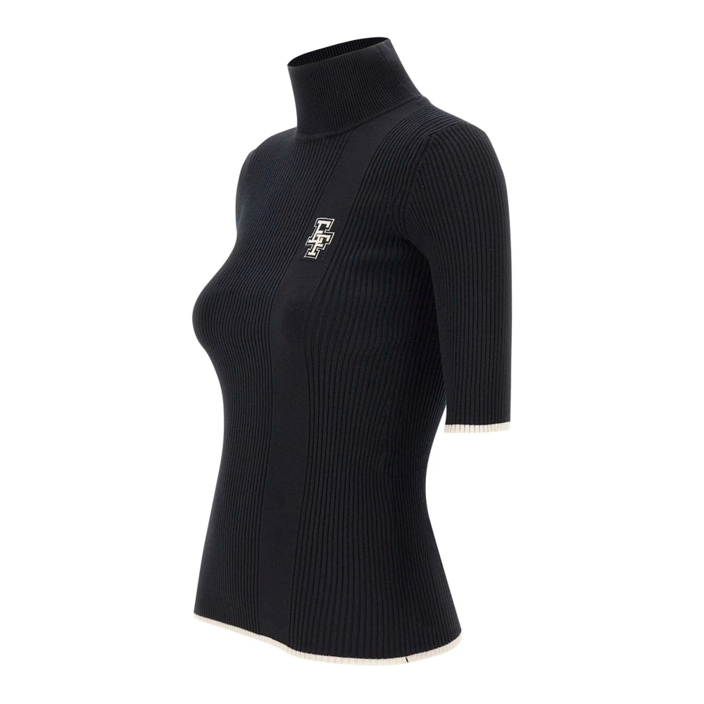 Elisabetta Franchi Zwarte Geribbelde Coltrui Trui Black Dames
