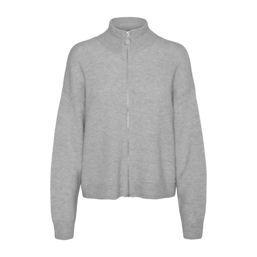 Grå Melange Highneck Zip Cardigan Strikke