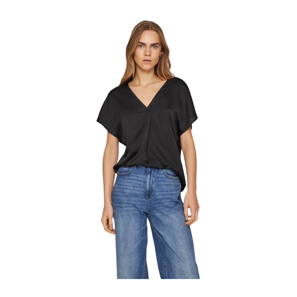 Vila Satin V-Hals Korte Mouw T-Shirt Black Dames