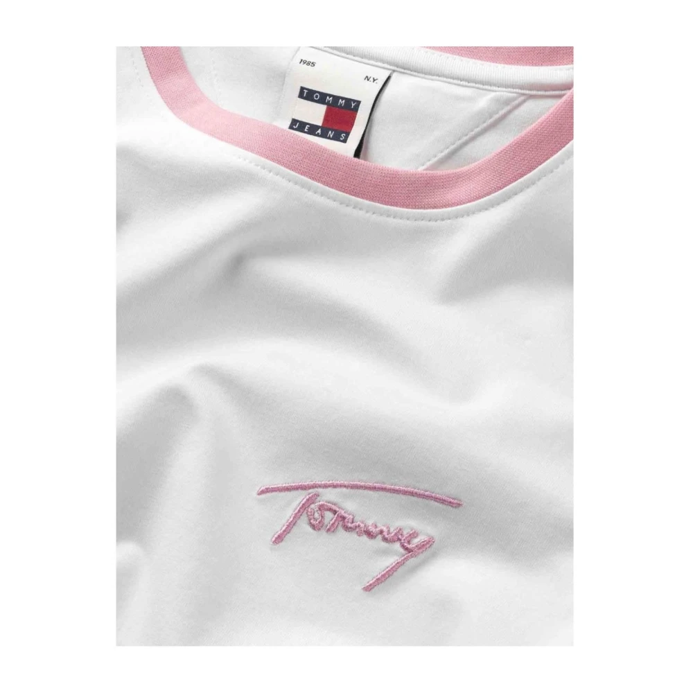 Tommy Hilfiger Handtekening Slim Tee met Roze Borduurwerk White Dames
