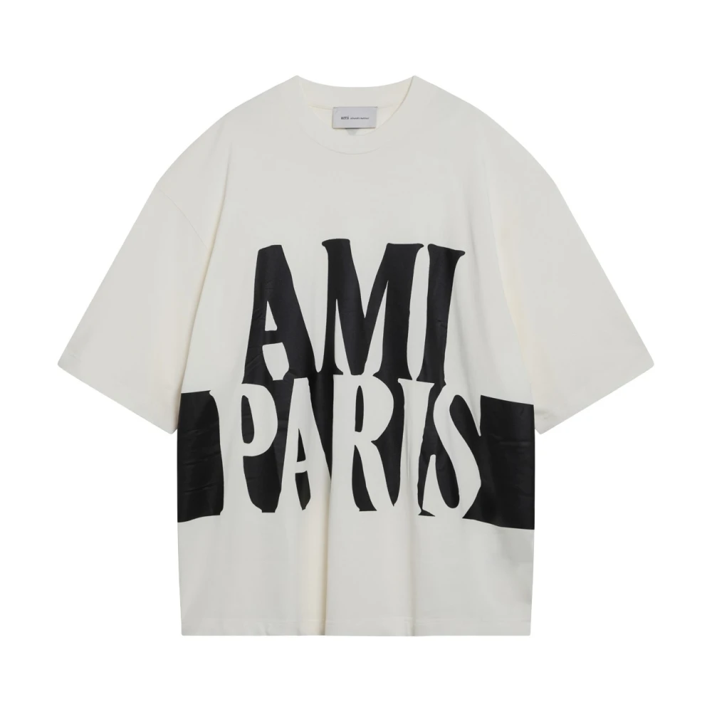 Ami Paris, T-Shirts, male, White, Size: L Oversize Fit 3/4 Sleeves T-Shirt with PR