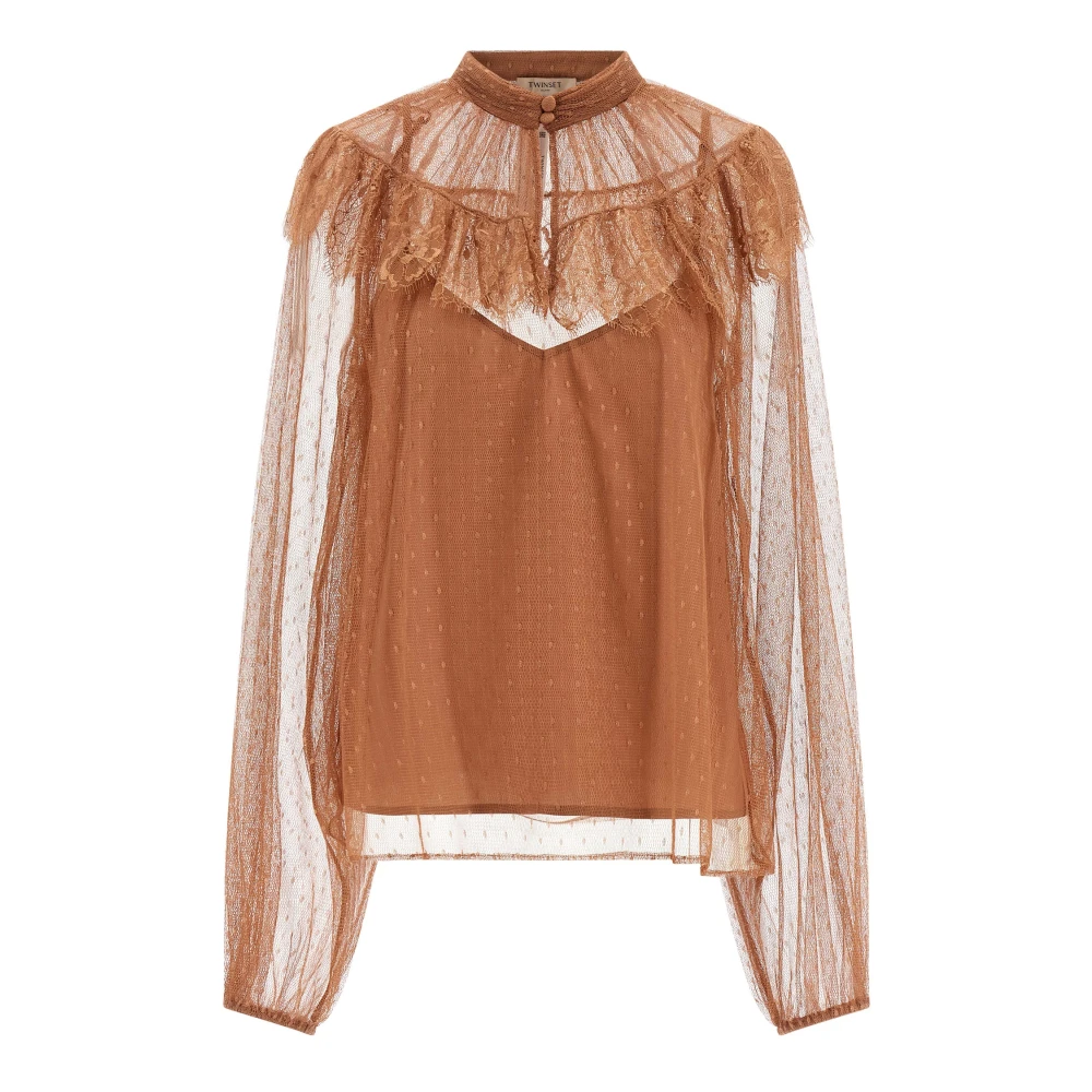 Twinset Women's Brown Blouses, S, Plumetis Tulle Blouse