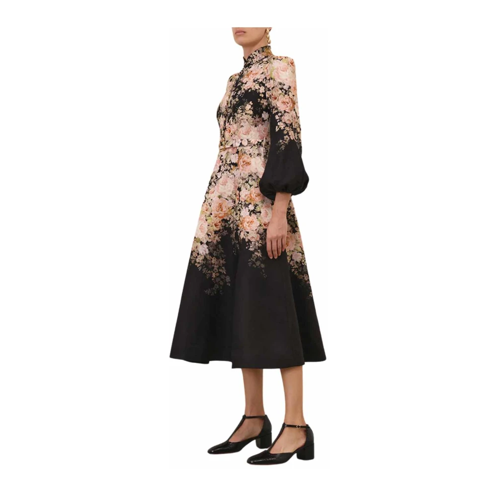Zimmermann Zwart Rococo Bloemen Knoop Midi Jurk Multicolor Dames