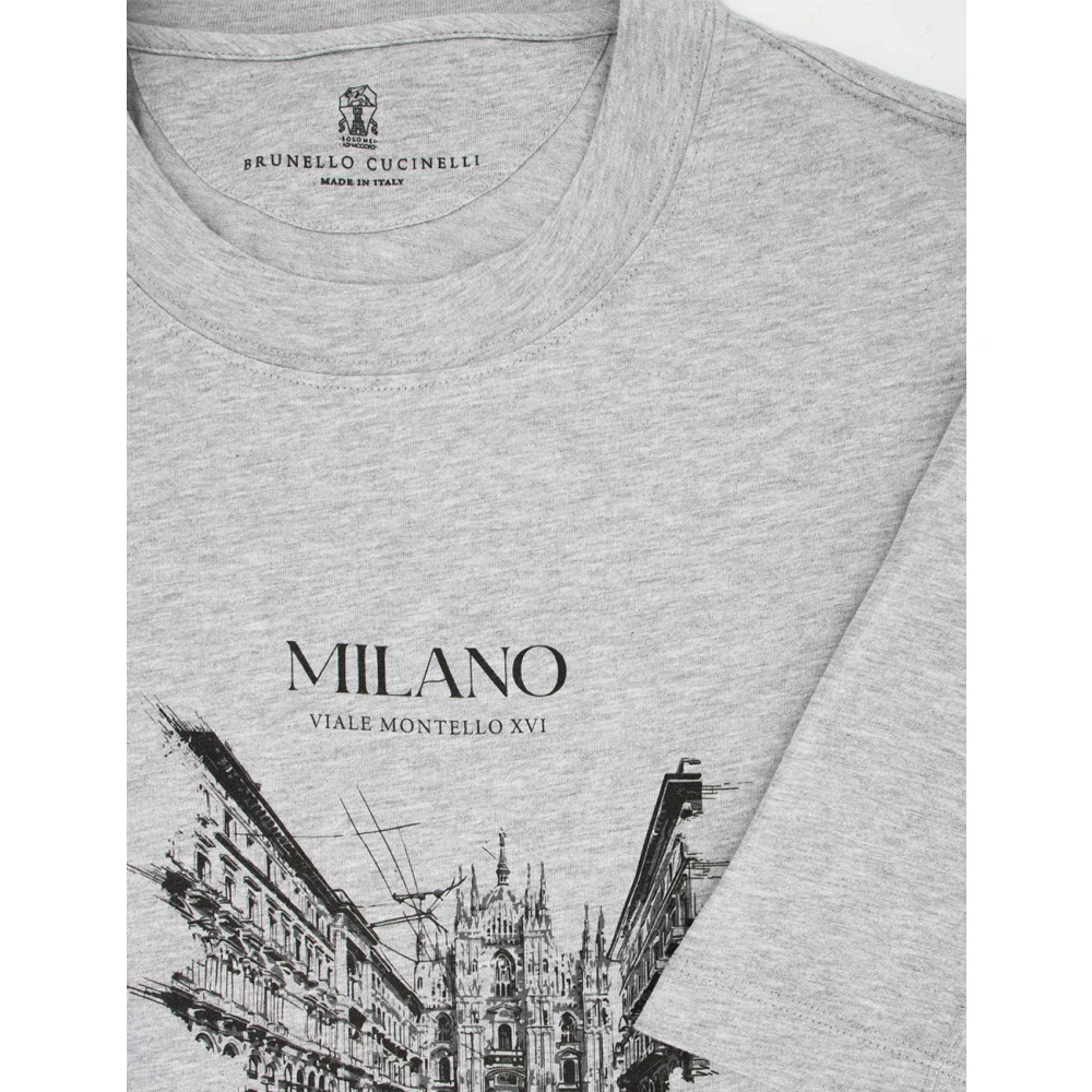 BRUNELLO CUCINELLI Lente Print Ronde hals Katoenen T-shirt Gray Heren