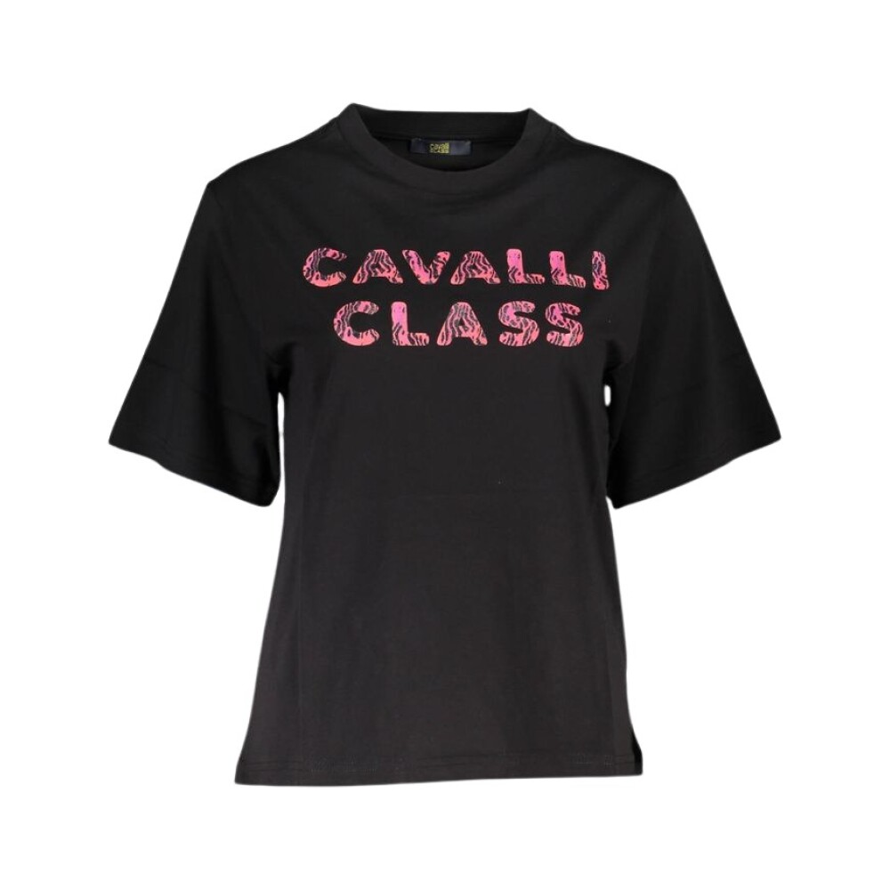 Elegant Black Cotton T Shirt with Signature Print Cavalli Class T Shirts Miinto