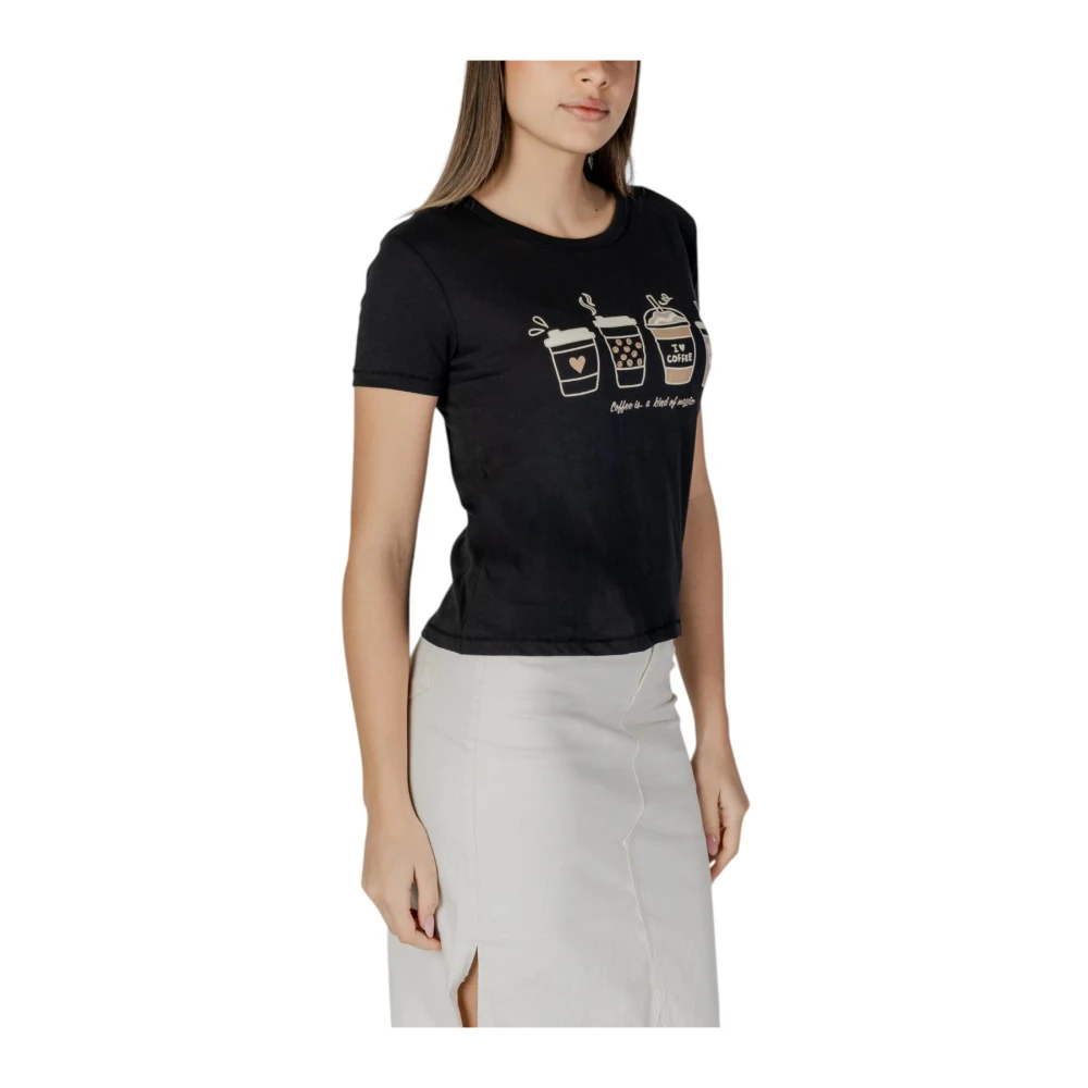 Jacqueline de Yong Zwart Bedrukt Katoenen T-Shirt Ronde Hals Black Dames
