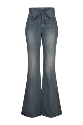 Blå Stone Washed Jeans med Uppvikt Midjeband