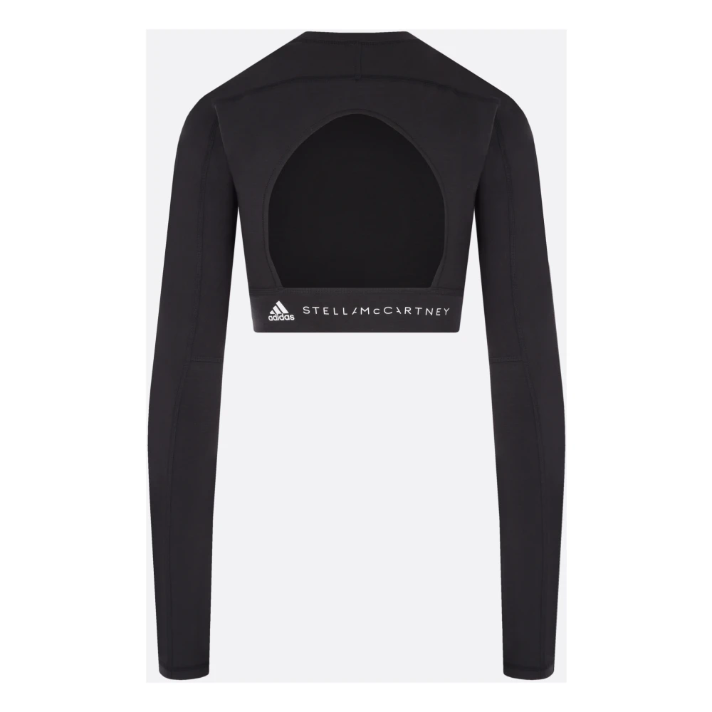 adidas by stella mccartney Zwart Stretch Jersey Top met Uitgesneden Achterkant en Logo Print Black Dames
