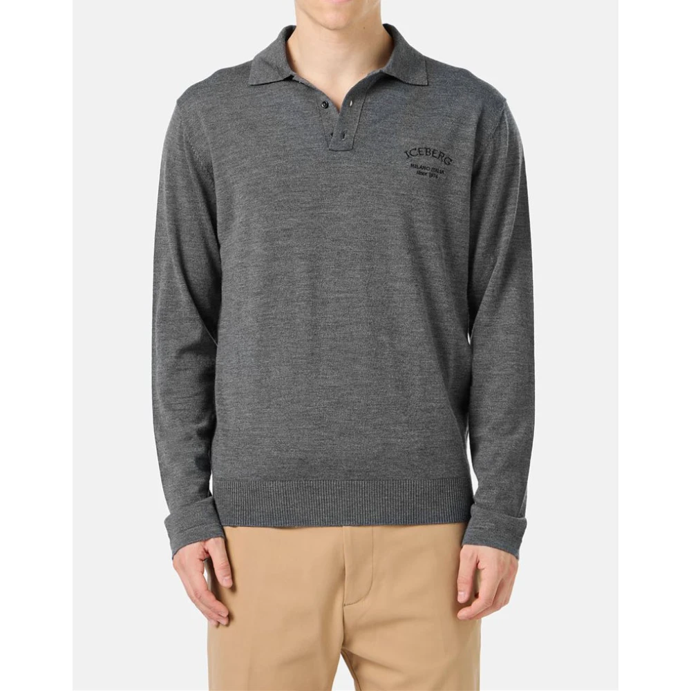 Iceberg Grijze poloshirt met lange mouwen van merinowol met logo Gray Heren