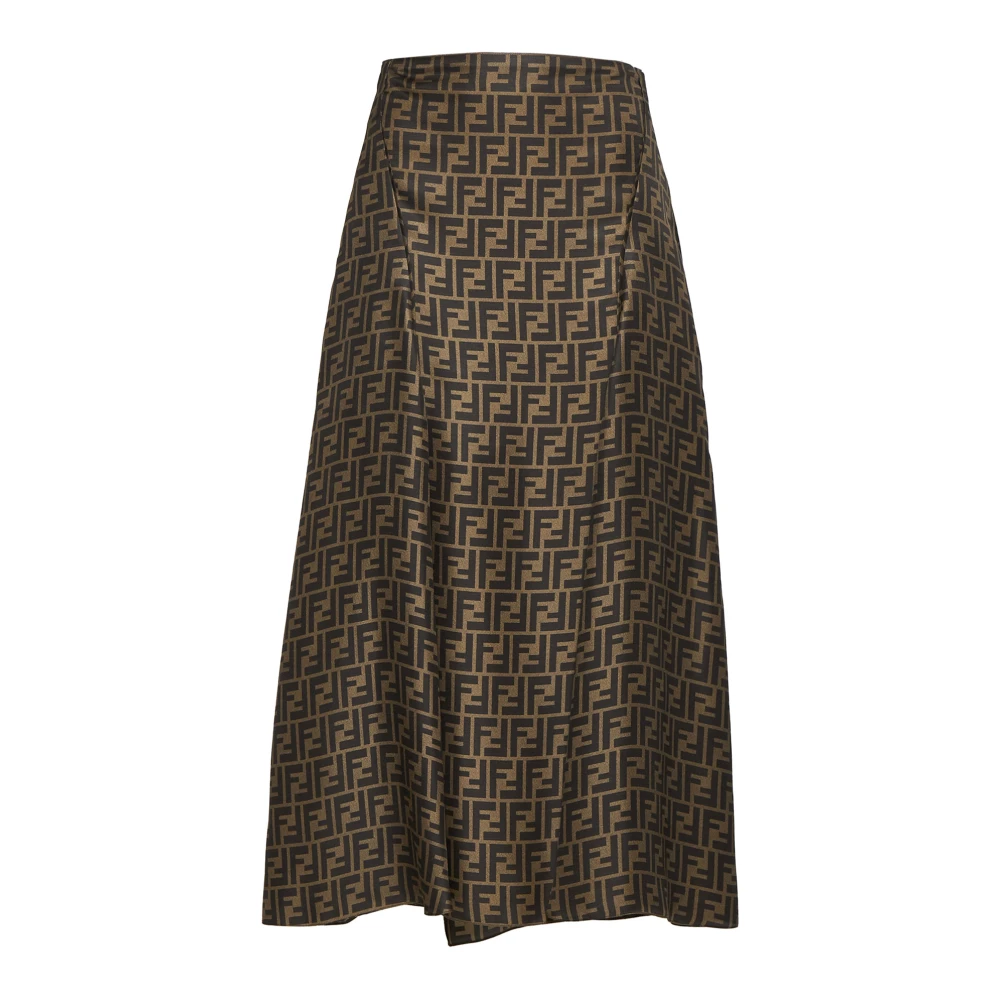 Fendi Women's Brown Midi Skirts, L, Silk Maxi Skirt With Logo Motif