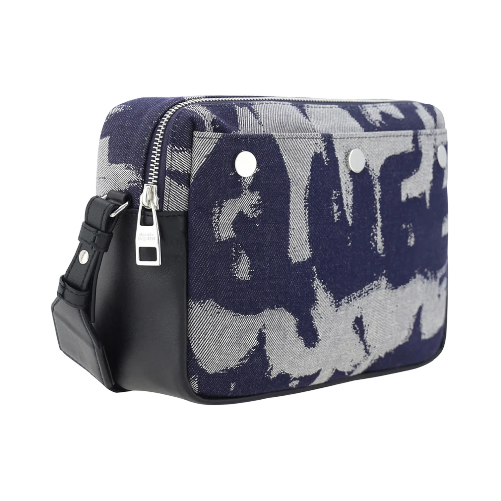 alexander mcqueen Indigo Denim Schoudertas met Graffiti Patroon Blue Heren