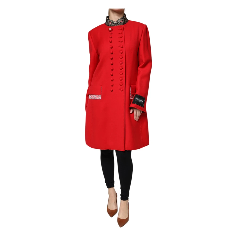 Dolce & Gabbana Women's Red Double-Breasted Coats, Xl, Jacquard Wool Trenchcoat Jacket