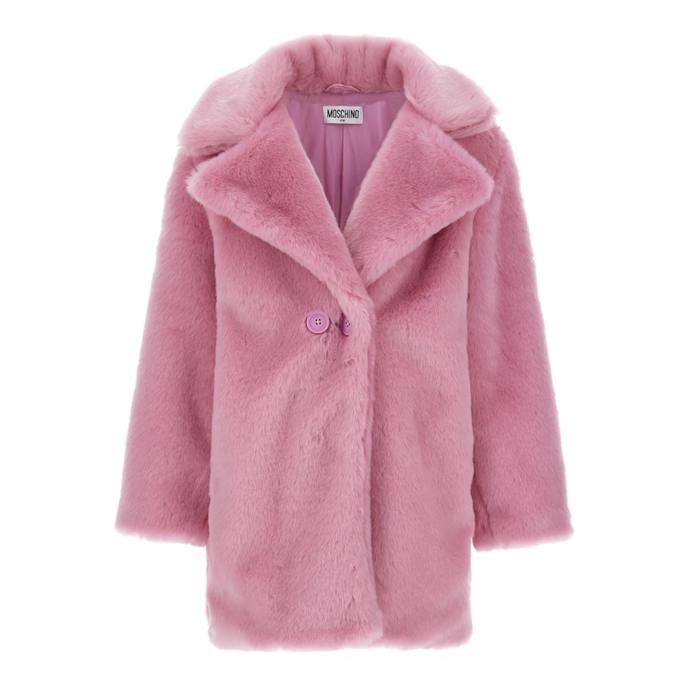 Moschino Rosa Päls Dubbelknäppt Kappa med Logotyp Pink, Unisex