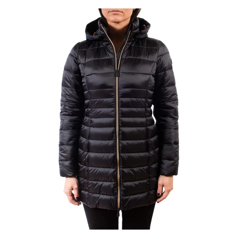 Save The Duck Zwarte Gewatteerde Lange Jas Black Dames
