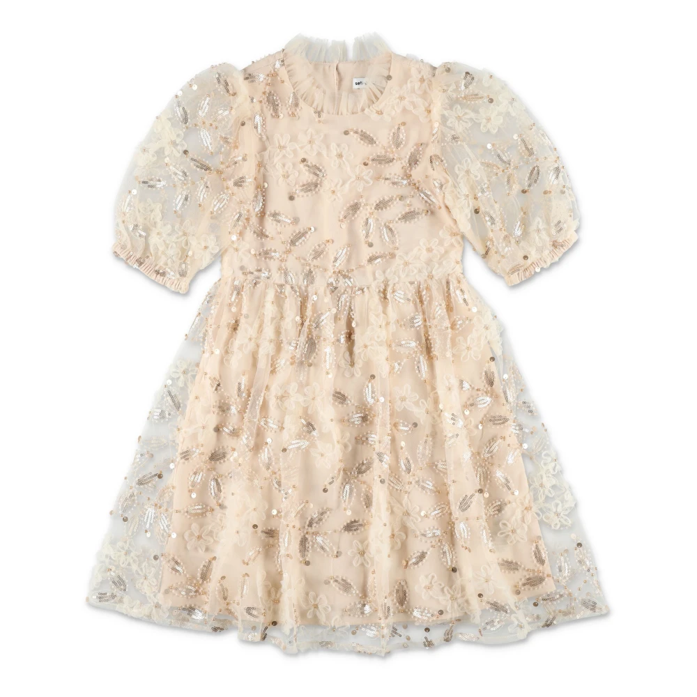 Self Portrait Girls Beige Occassion Wear,, Sequin Tulle Cream Balloon Sleeve Dress Size 8 Y Kids