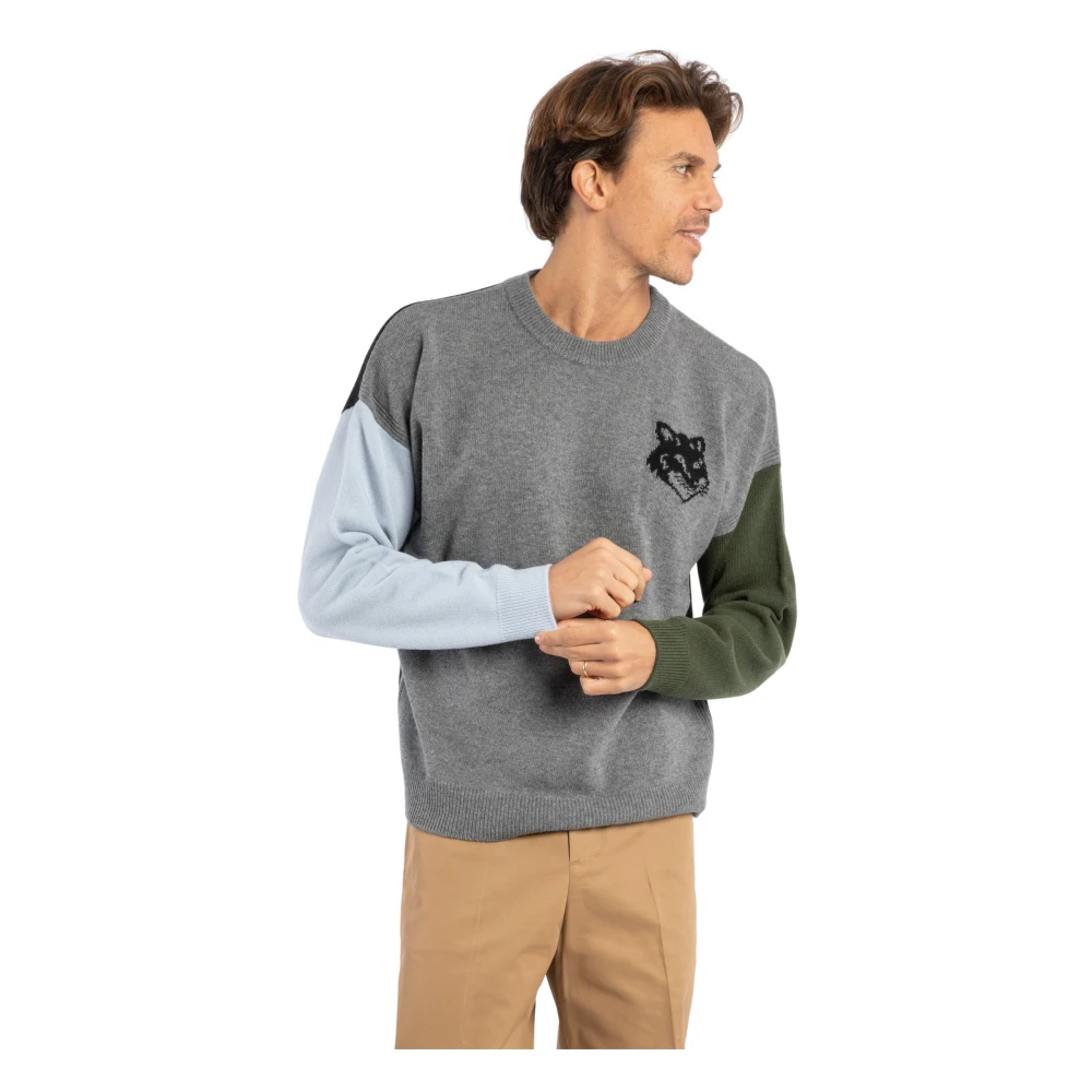 Maison Kitsuné Kleur Blok Vossenhoofd Sweaters Gray Heren