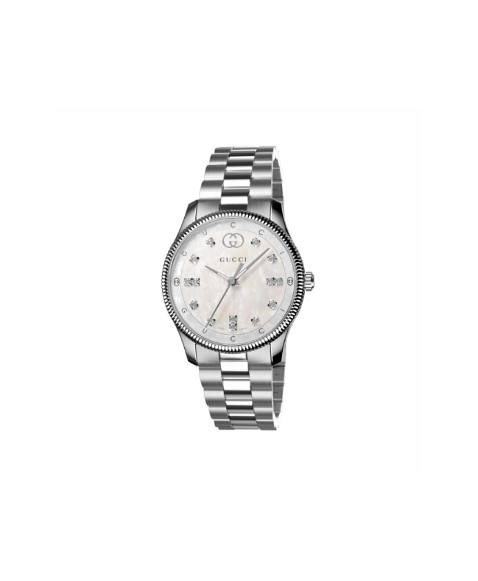g-timeless-29-mm-stainless-steel-case-white-mother-of-pearl-dial-with-and-lettering-diamond-indexes-stainless-steel-bracelet