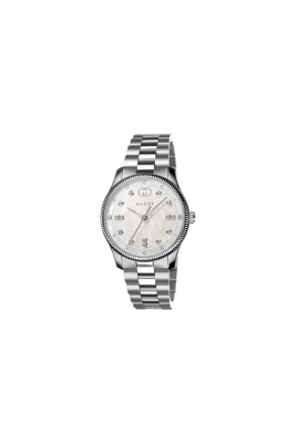 G-Timeless 29 mm rostfritt stålkasse, vit pärldial med och bokstäver, diamantindex, rostfritt stålarmband