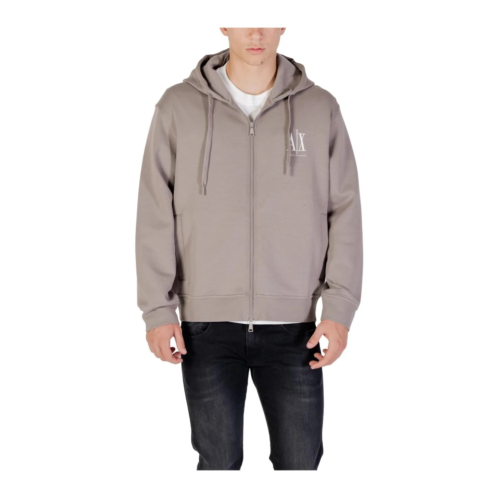 Armani Exchange Mannelijk Grijs Hooded Sweatshirt Met Ritssluiting En Zakken Aan De Voorkant