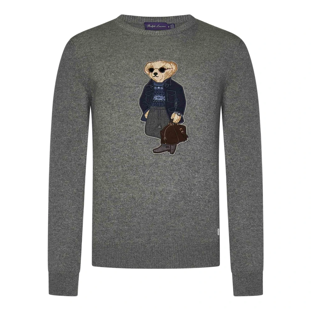 Ralph Lauren Grijze Cashmere Crewneck Sweater met Polo Bear Patch Gray Heren