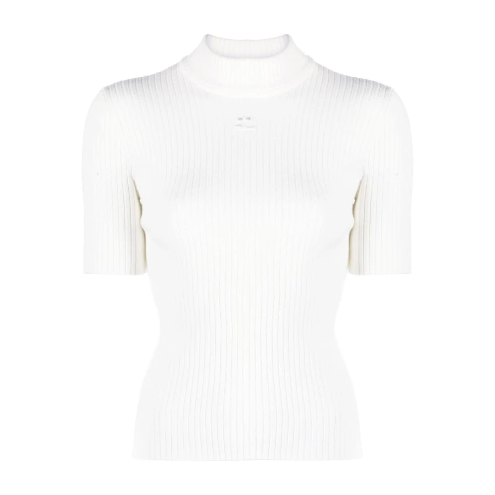 Courrèges Women's White Turtlenecks, M, High Neck Knit Ribbed Pullover