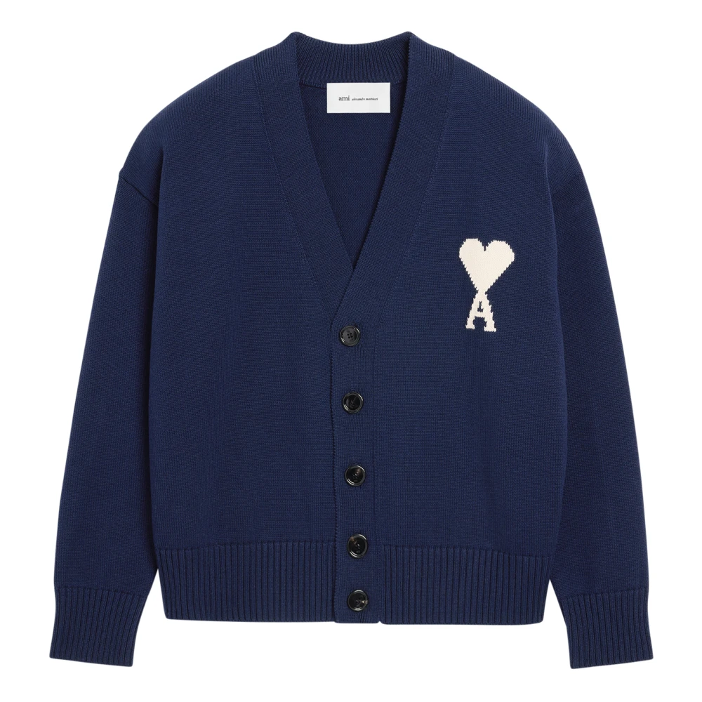 Ami Paris Donna Blu Cardigan Con Ami De Coeur A Contrasto