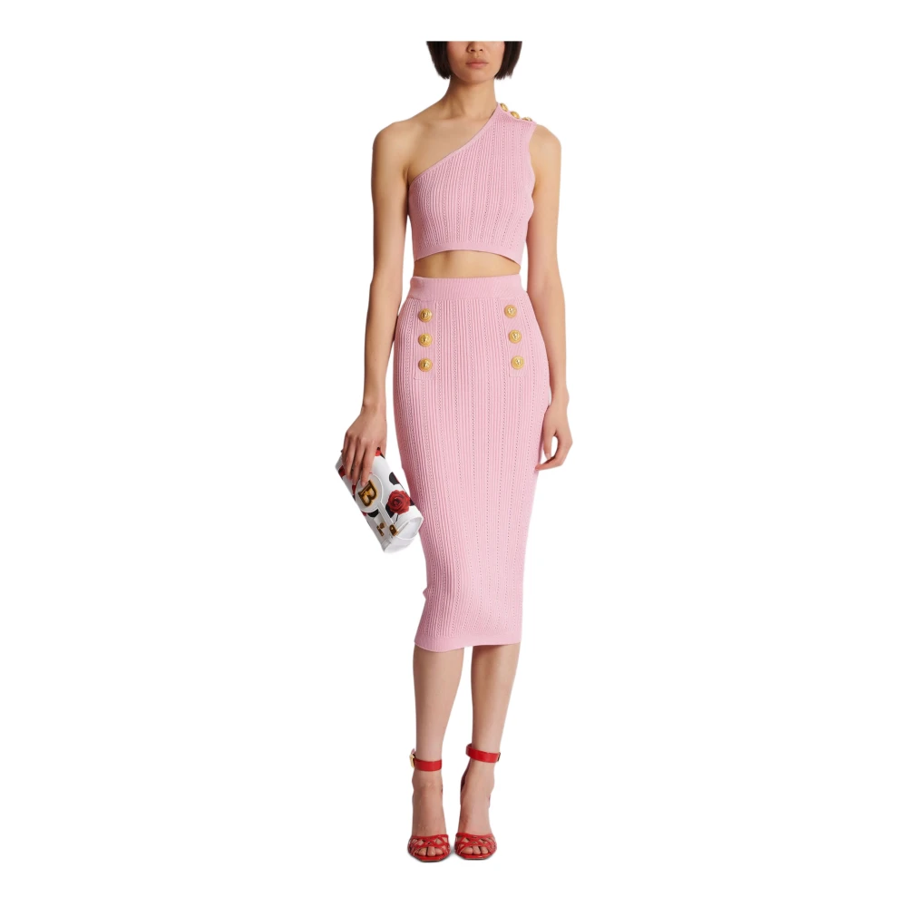 Balmain Midi Gebreide Rok met Knopen Pink Dames