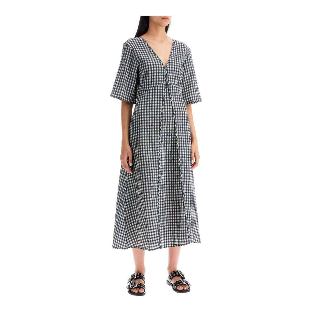 Ganni Geruite Seersucker Midi Jurk Multicolor Dames