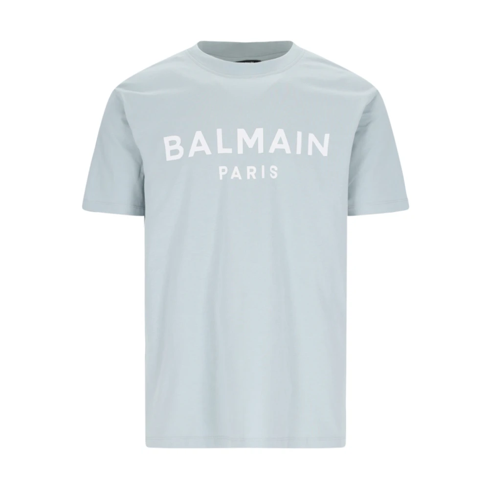 Balmain Biologisch Katoenen Grijs Logo T-shirt Blue Heren