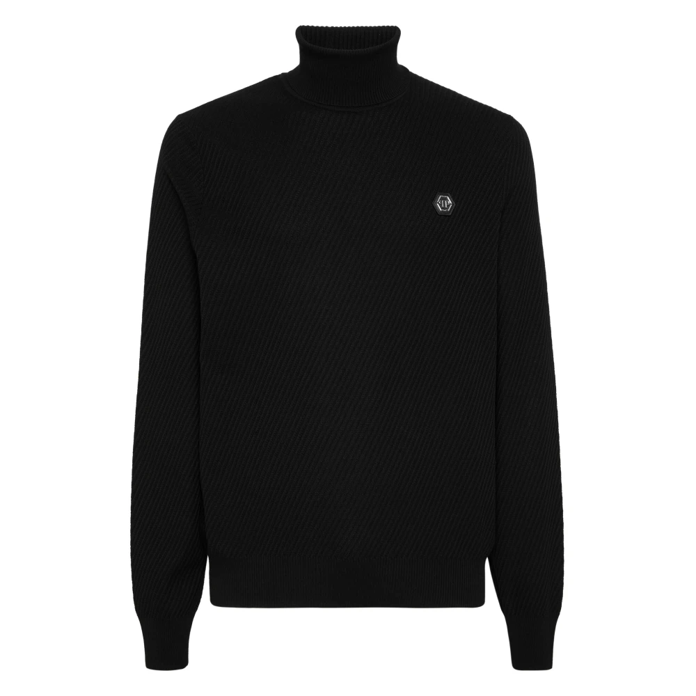 Philipp Plein Uomo Nero - Pullover A Collo Alto In Maglia Misto Lana Seta - Knitwear - 2XL