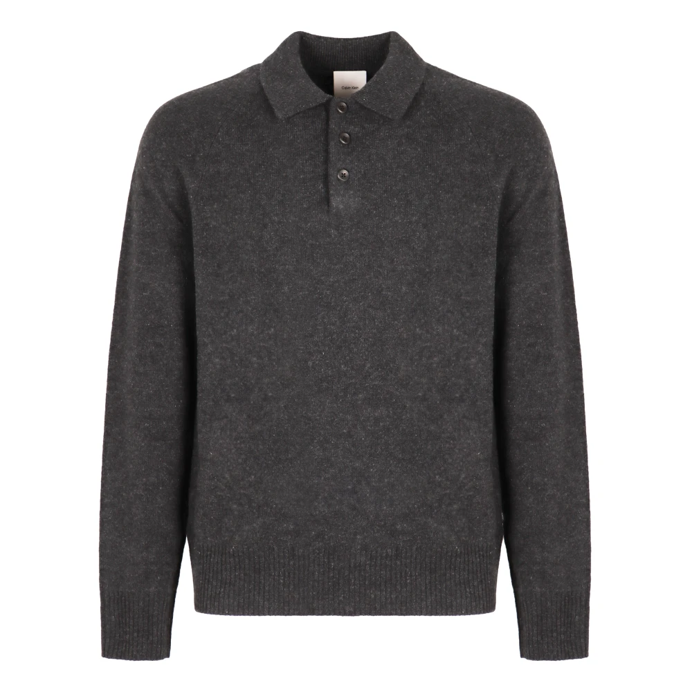 Calvin Klein Geribbelde Wol Polo Pullover Gray Heren