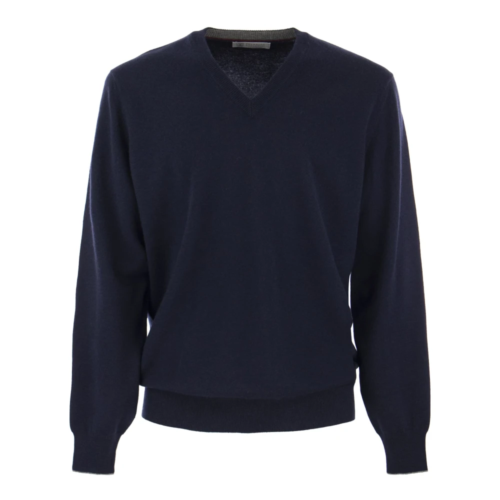 BRUNELLO CUCINELLI Luxe Cashmere Trui met Verfijnd Detail Blue Heren