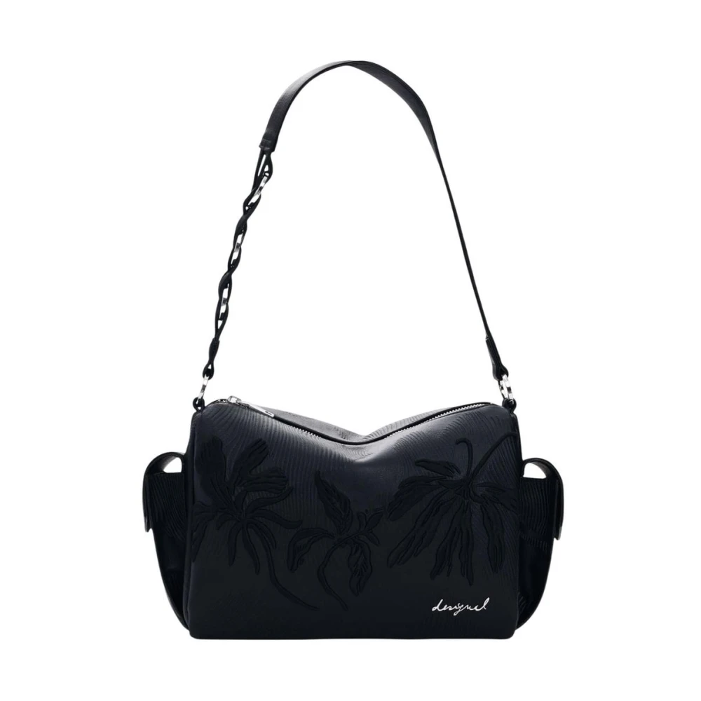 Desigual Women's Black Floral Pattern Handbag With Shoulder Strap And Multiple Pockets