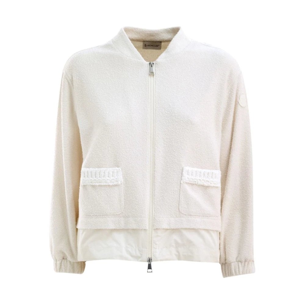 Moncler Women's White Cardigans, S, Bouclé Zip-Up Cardigan